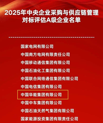 華能獲國資委2025年中央企業(yè)采購與供應(yīng)鏈管理對標(biāo)評估A級